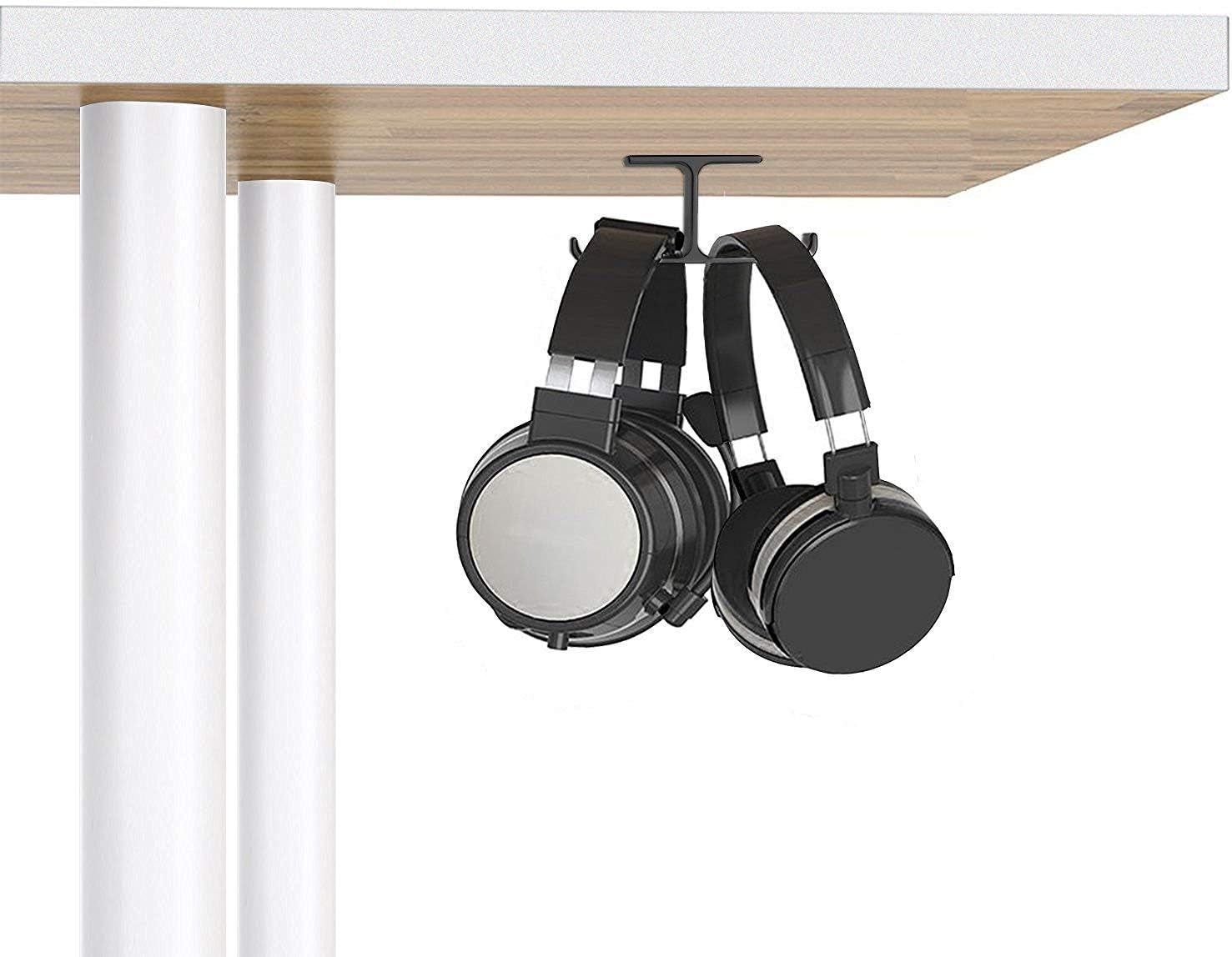 Dual Headphone Hanger Stand for under Desk, Aluminum Adhesive Headset Hook Mount with Screw Option, Space-Saving PC Gaming Accessories for All Headphones, Black